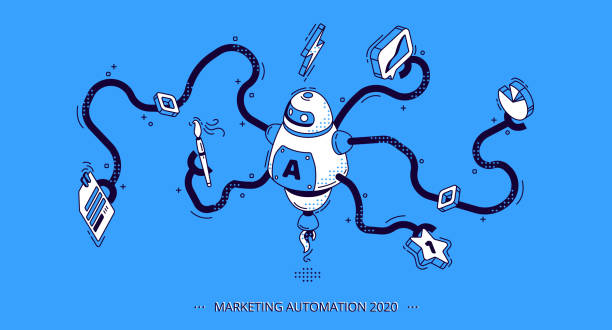 Description: Marketing automation 2020. Technology for SEO Marketing automation 2020 isometric banner. Technology for SEO, internet, digital business content. Octopus robot with many hands holding office attributes and graphs. 3d vector illustration, line art ai tool stock illustrations