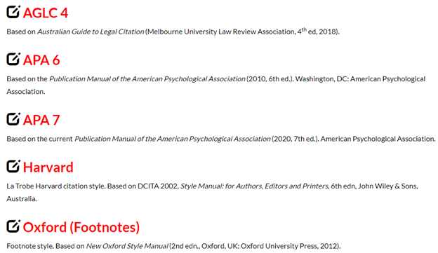 LaTrobe referencing tool for referencing styles 